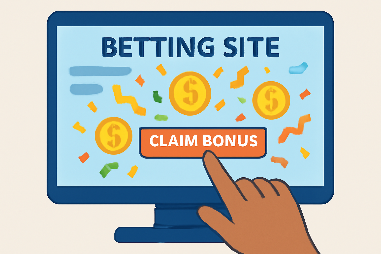A user clicking a 'Claim Bonus' button on a betting site, with confetti and bonus coins appearing on the screen.