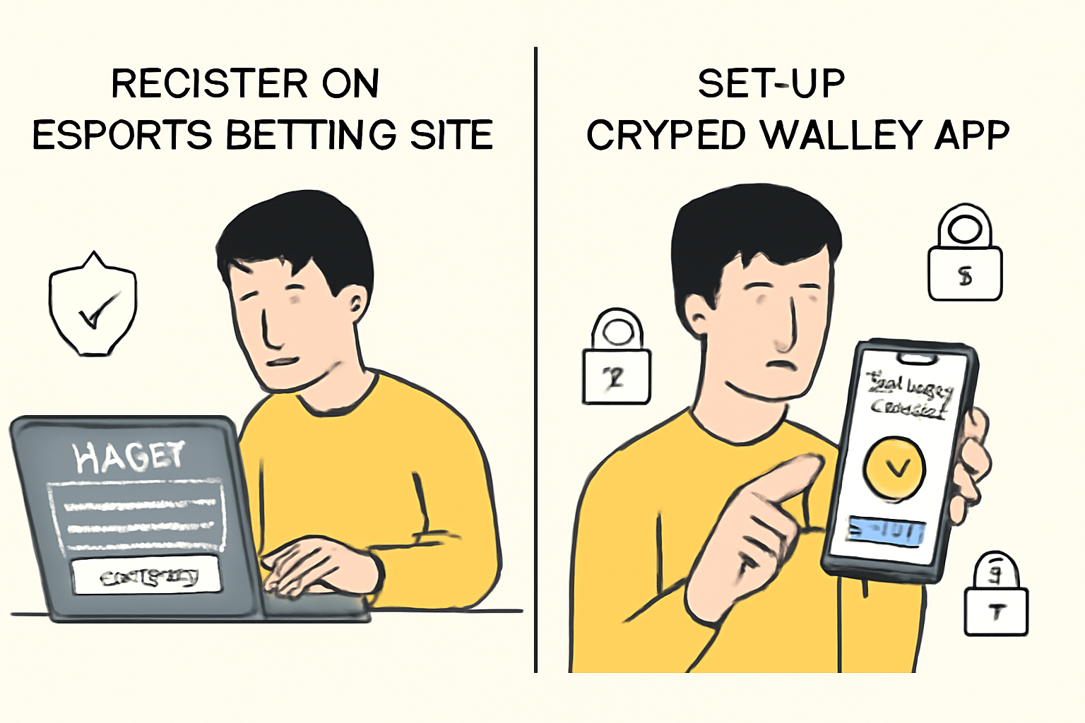 A user registering on an esports betting site and setting up a crypto wallet app on their phone, with security icons and lock symbols.