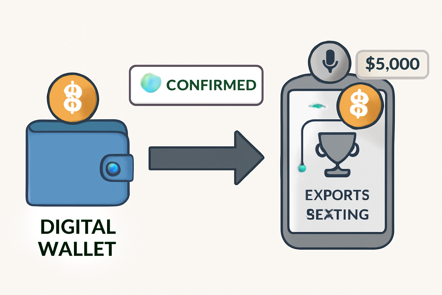 A digital wallet sending Bitcoin and Ethereum to an esports betting account, with transaction confirmation and current price tags.