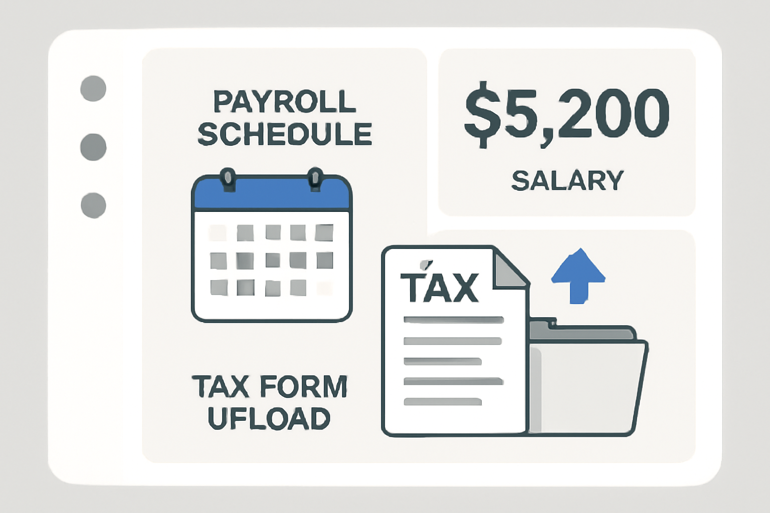A dashboard displaying payroll schedules, salary amounts, and tax forms being uploaded, with calendar and document icons.