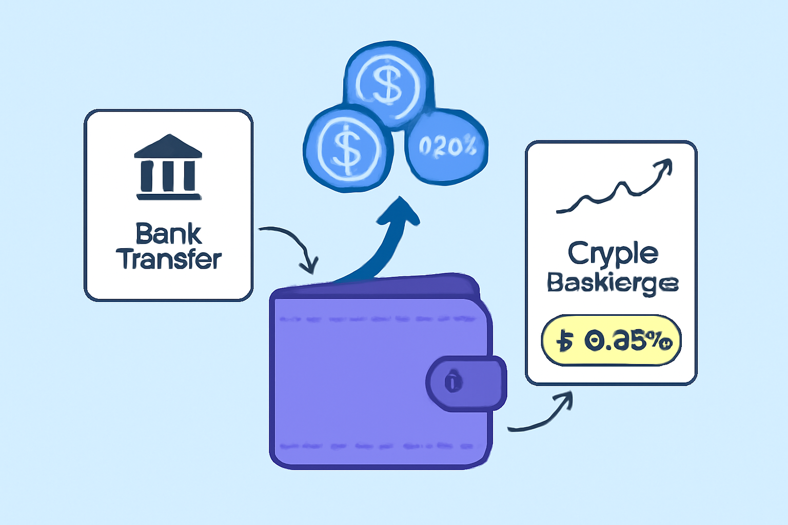 A digital wallet being funded with USDC coins, showing a bank transfer and crypto exchange interface, with the USDC price $0.0486 highlighted.