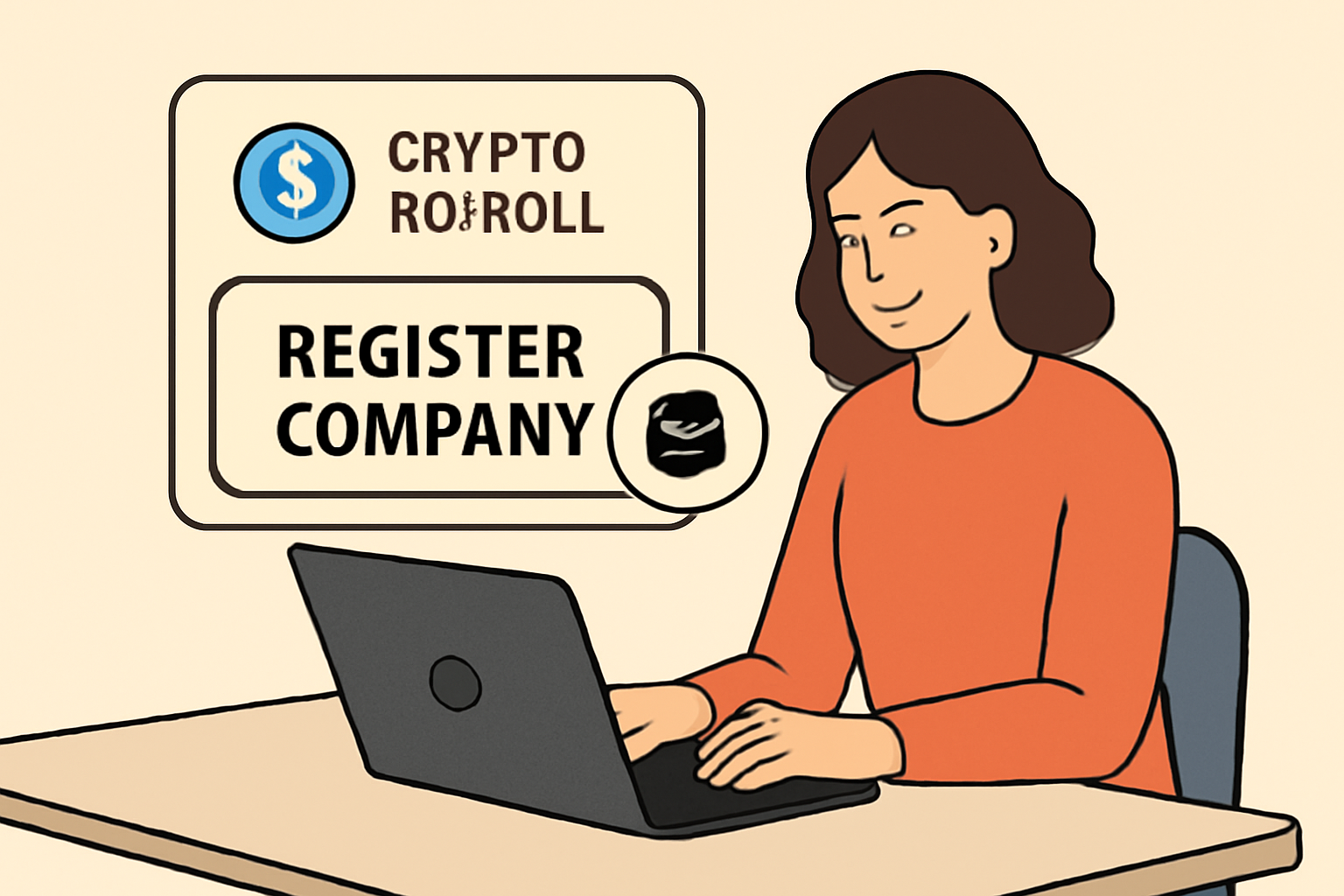 A business owner at a laptop registering a company on a digital crypto payroll platform, with USDC and compliance icons visible.
