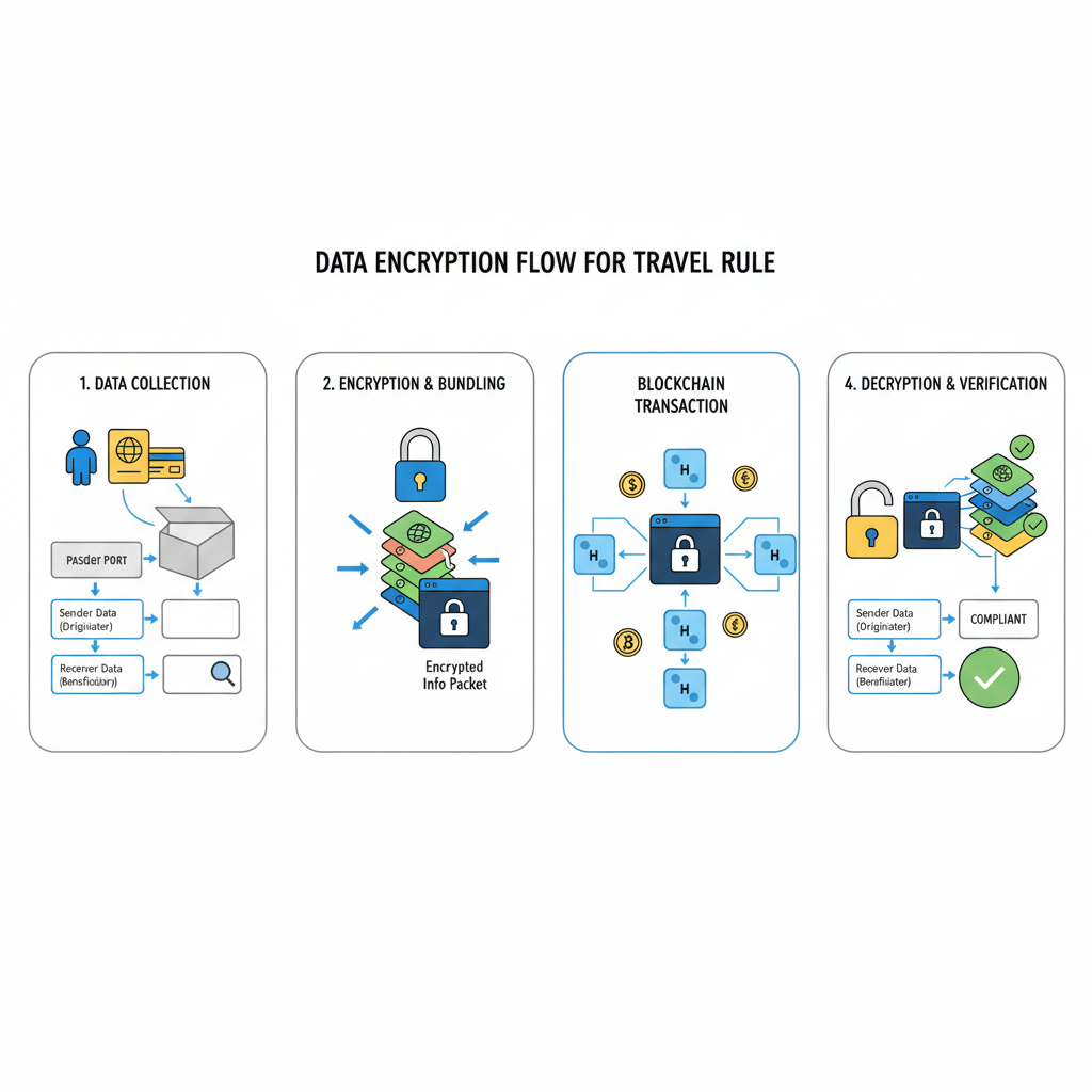 Data encryption flow for Travel Rule, locked info packets in blockchain transaction