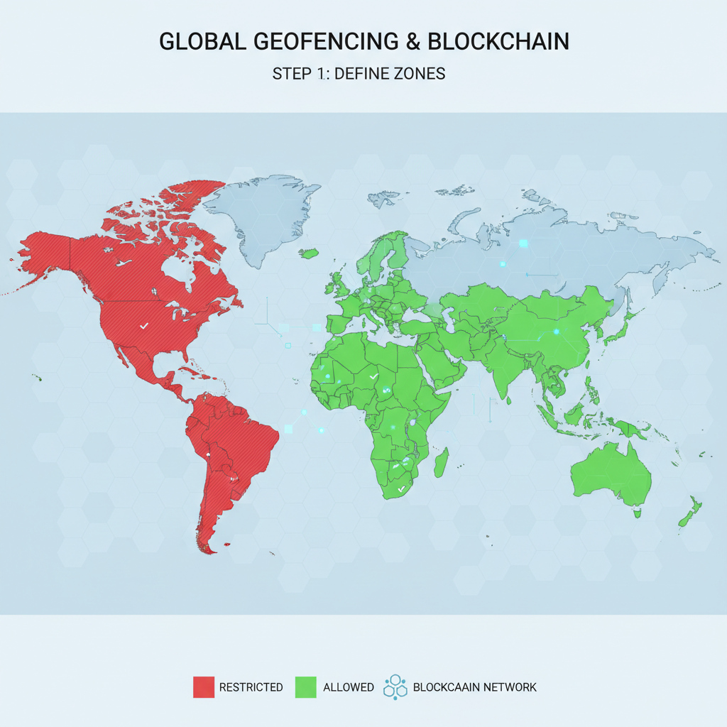 World map with geofencing zones highlighted, red restricted areas, green allowed, blockchain overlay