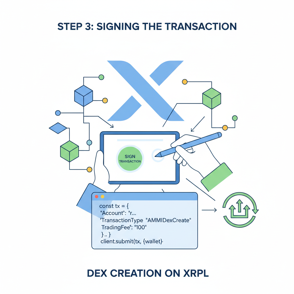 Blockchain transaction signing for DEX creation, XRPL logo, code snippet visible