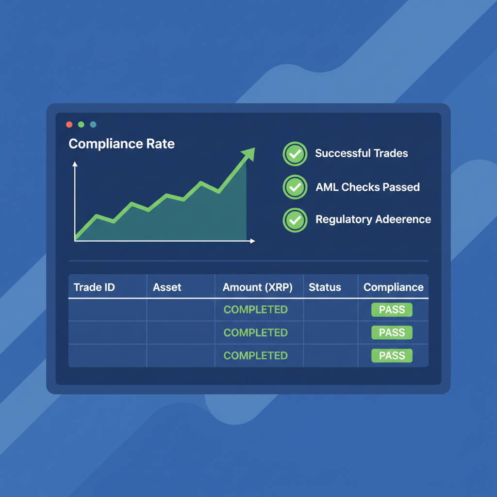 Live dashboard monitoring XRPL trades, compliance graphs rising, green success indicators