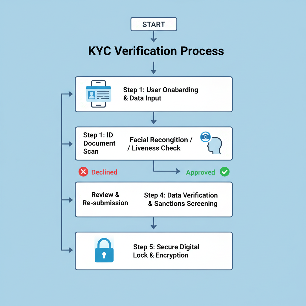 KYC verification process flowchart, ID scan and approval icons, secure digital lock