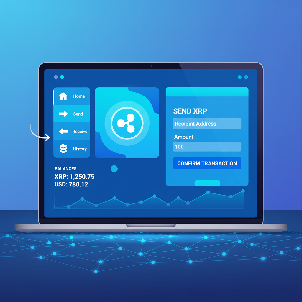 XRPL wallet interface on laptop screen, futuristic blockchain dashboard, blue tones
