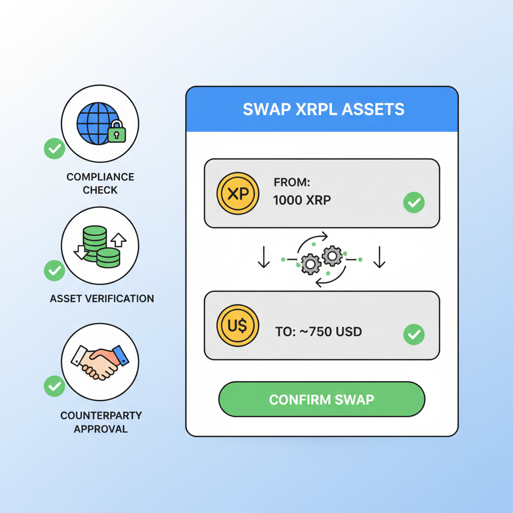 XRPL DEX swap interface, currency exchange animation, checkmarks for compliance