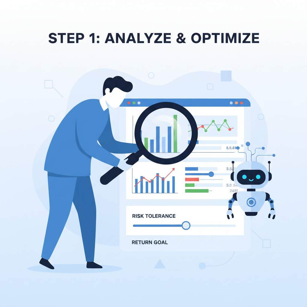 analyst magnifying glass over trading metrics dashboard with optimization sliders and ai bot