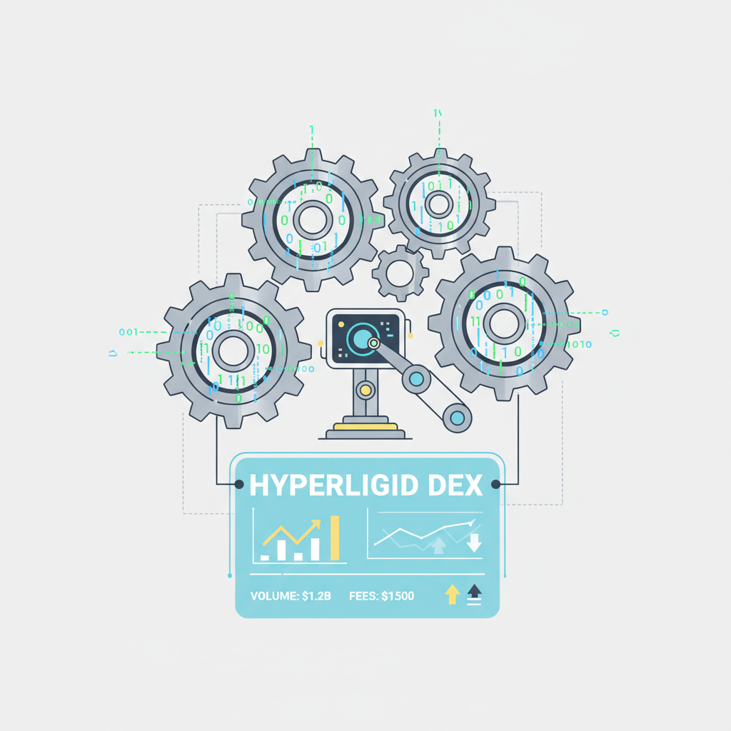 mechanical engine gears turning with code snippets, trading bots, and hyperliquid dex dashboard