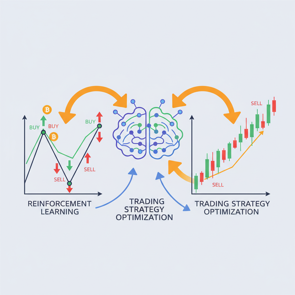 brain-like neural network connected to trading charts with reinforcement learning arrows and bitcoin symbols