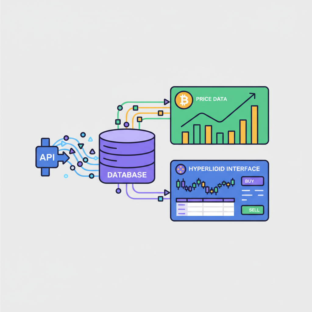 api data stream flowing into a database with bitcoin price charts and hyperliquid interface