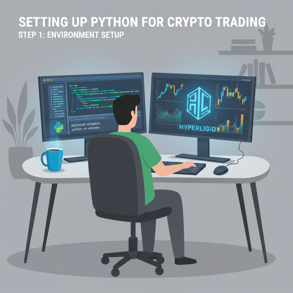 developer setting up python environment on dual monitor setup with hyperliquid logo and crypto charts glowing