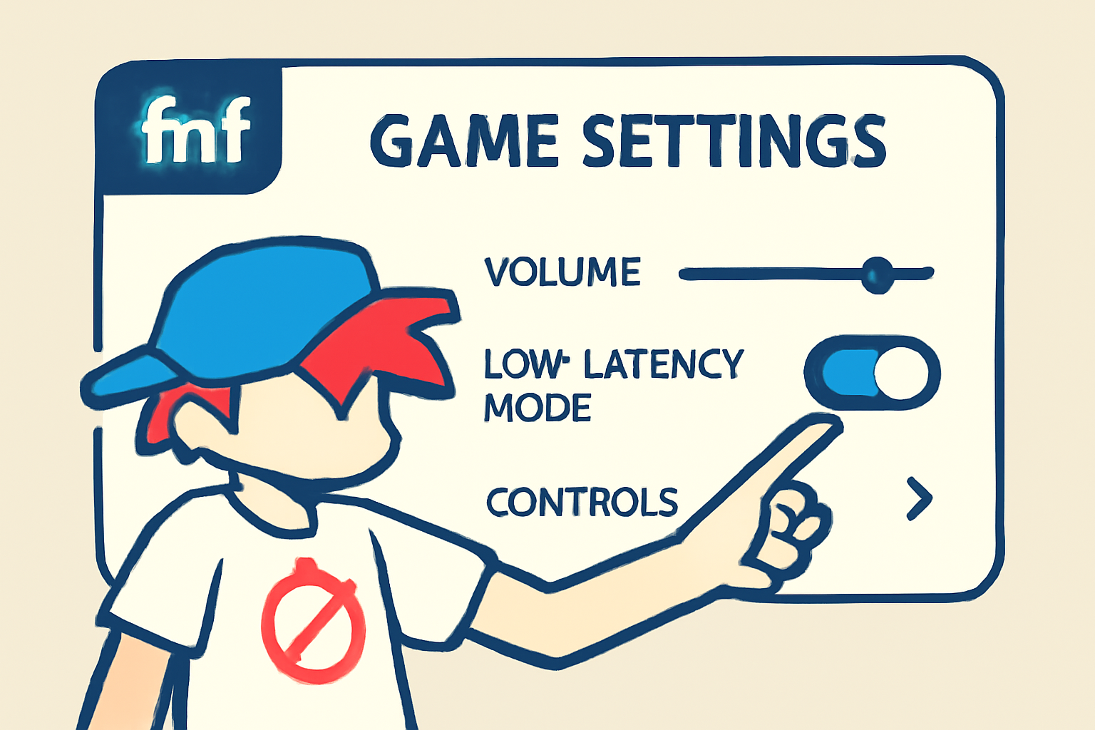 FNF player toggling low-latency mode in clean game settings UI on basement.fun