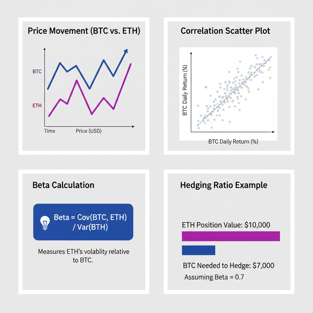 graph showing BTC ETH correlation beta calculation, hedging ratios, clean financial chart
