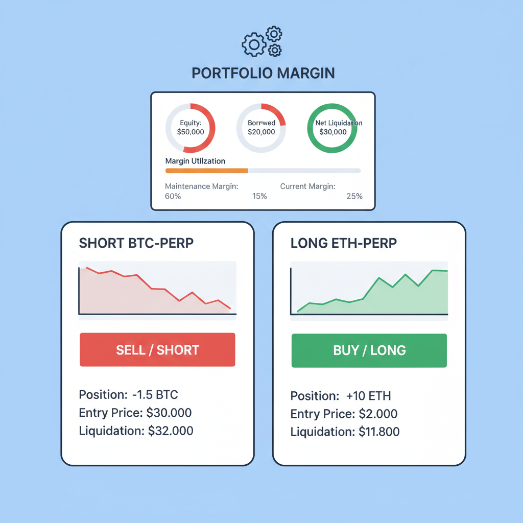 DeFi trading screen with BTC short perp alongside ETH long, portfolio margin stats