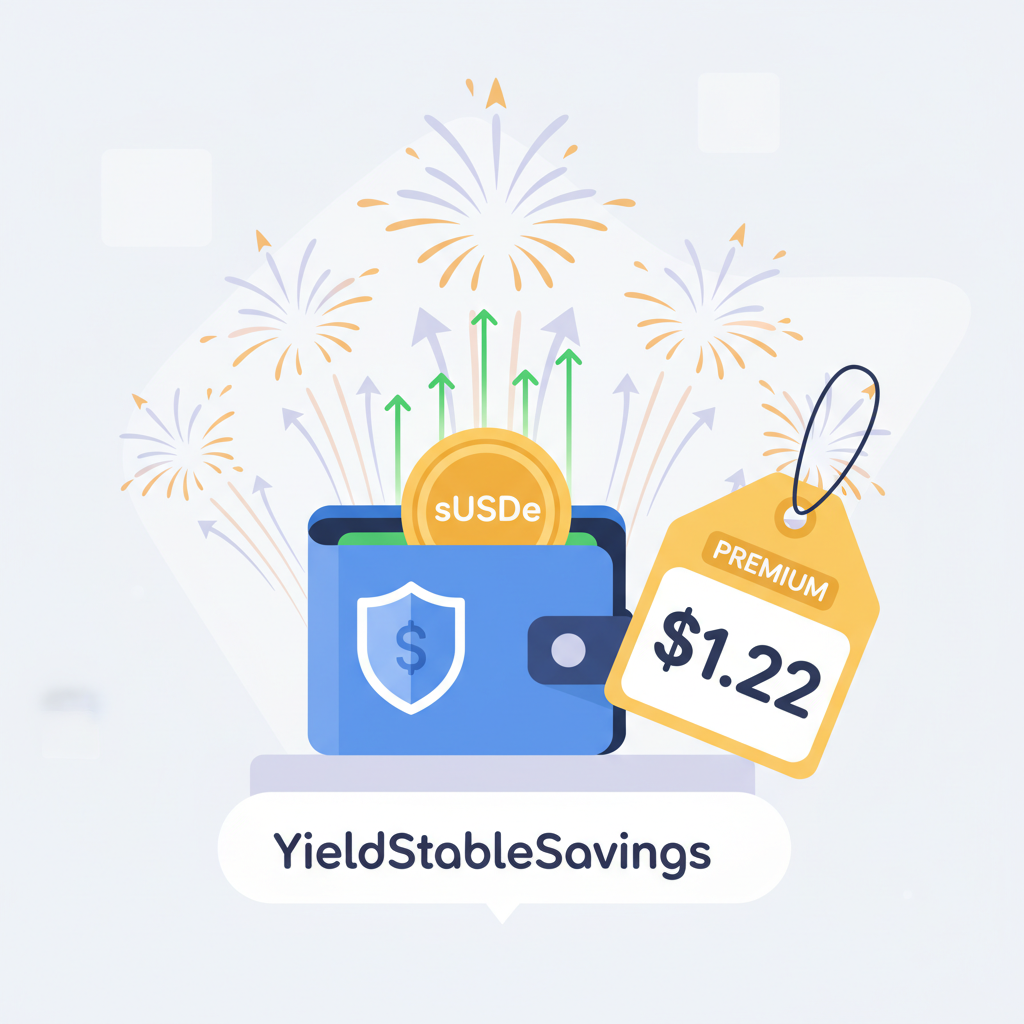 secure wallet holding sUSDe on YieldStableSavings platform, premium $1.22 price tag, compounding yield charts exploding upward