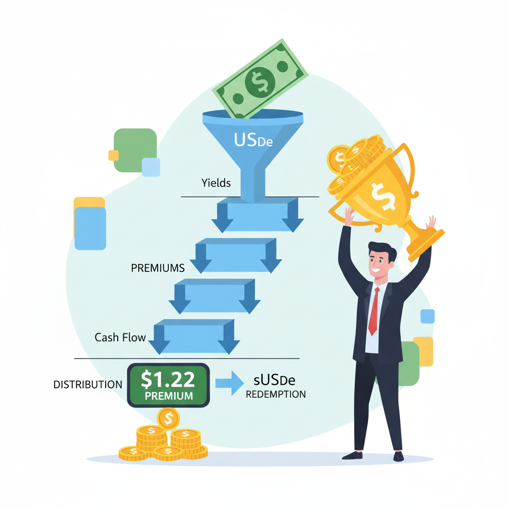 redeeming sUSDe yields at $1.22 premium, cash flow waterfall, triumphant business executive with trophy stablecoins