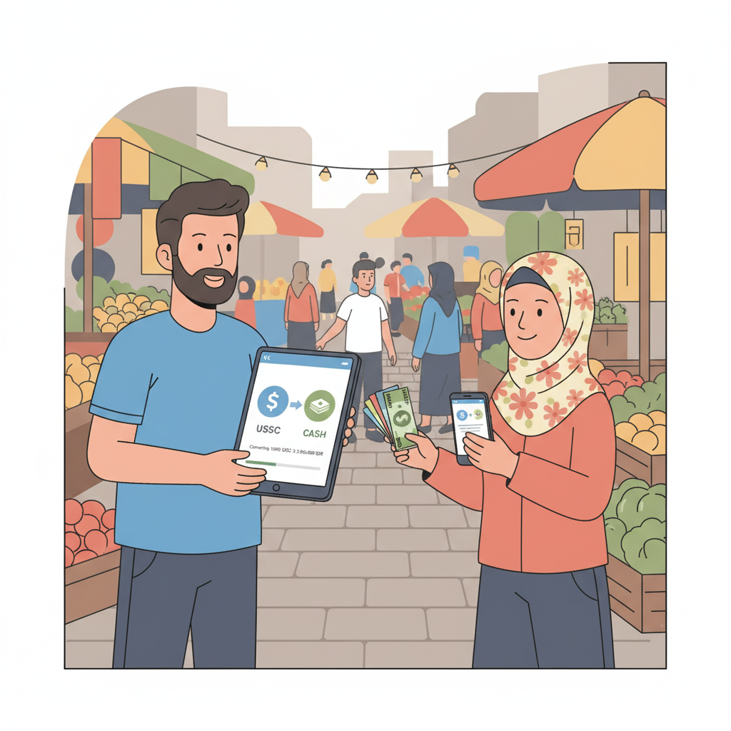 vendor converting stablecoins to cash on app, receiving local fiat, street market scene, professional