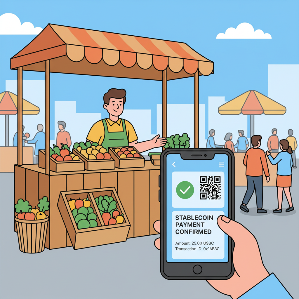 customer scanning QR code with phone at vendor stall, stablecoin payment screen, lively market atmosphere