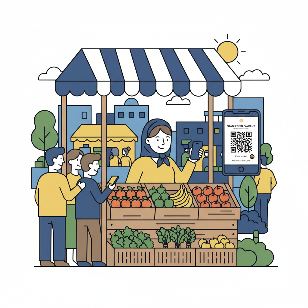 street vendor on smartphone generating stablecoin QR code at market stall, vibrant outdoor scene, realistic