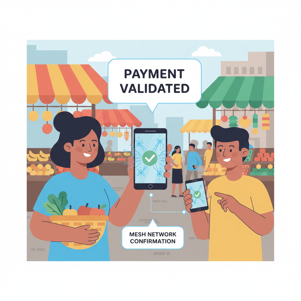 vendor checking phone for payment validation via mesh network icons, market setting, tech overlay