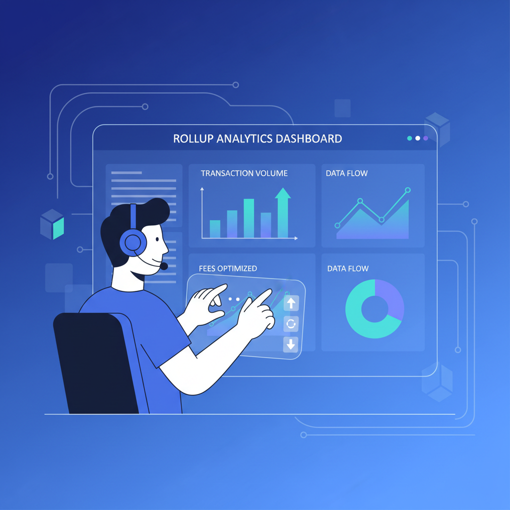 rollup operator analyzing transaction data charts, dashboard view, tech style