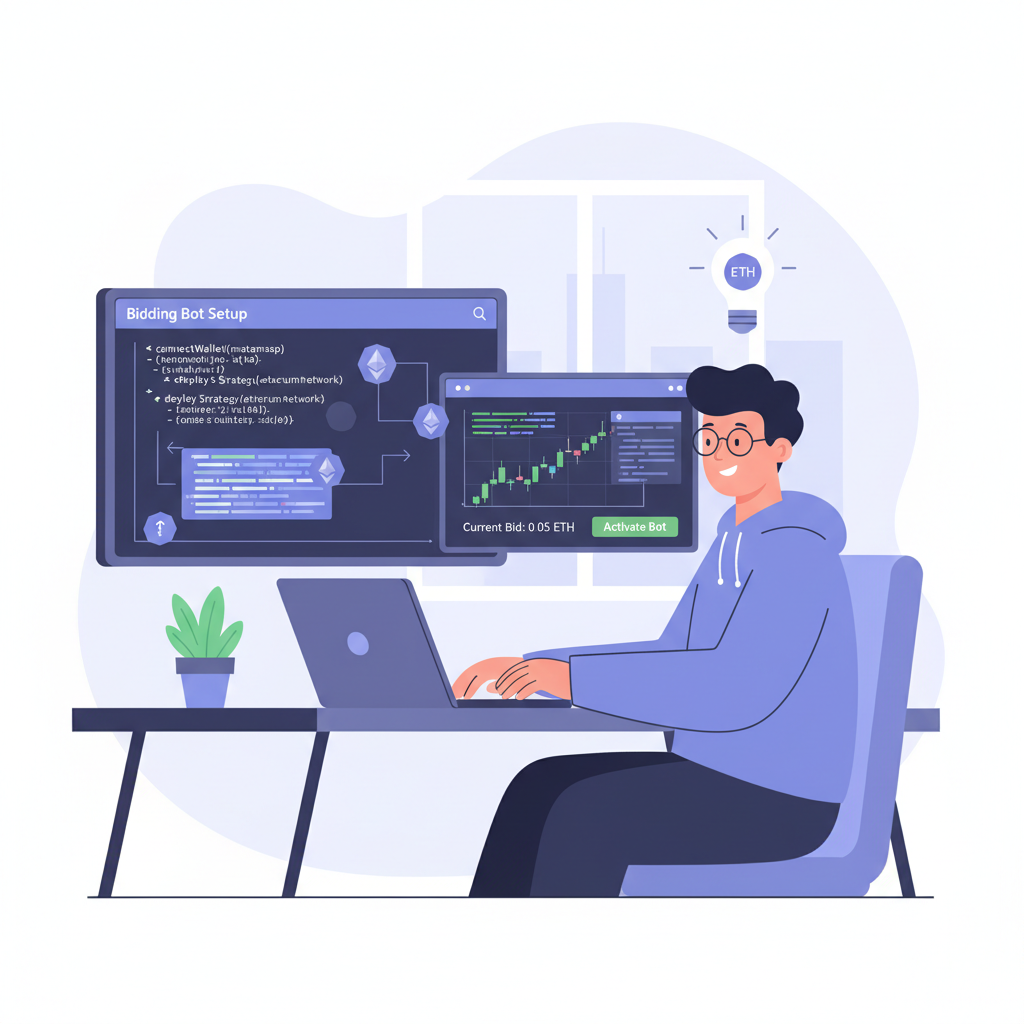 developer setting up bidding bot software, code screens ethereum icons