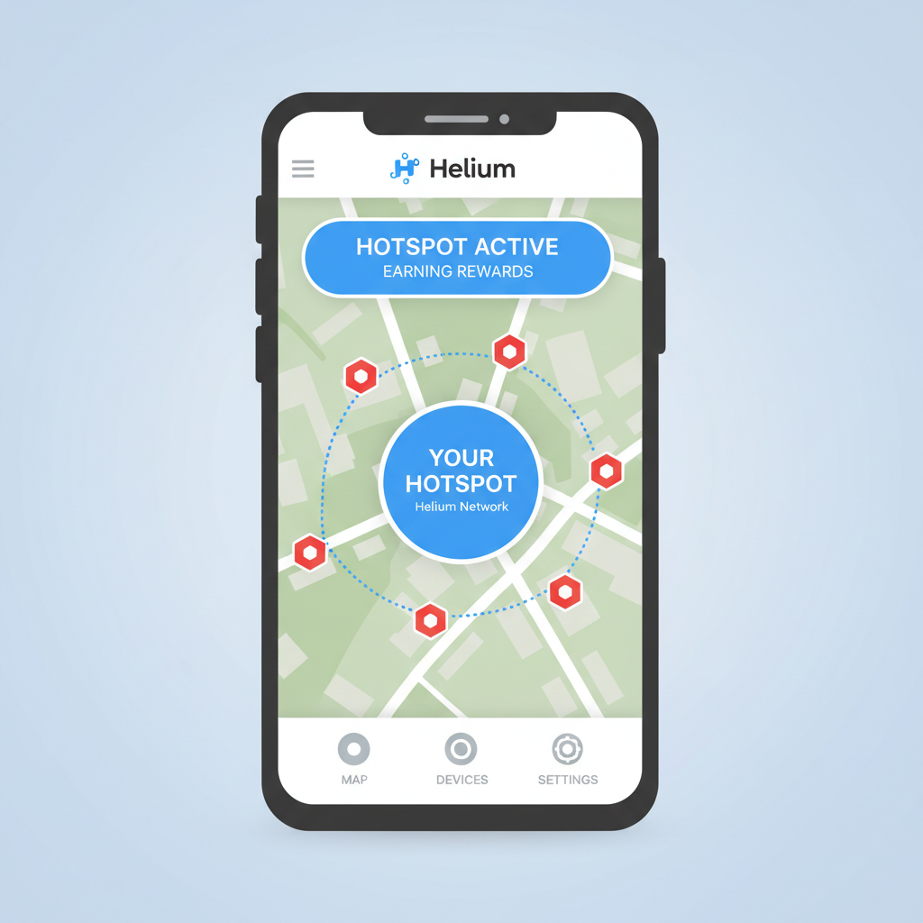 smartphone app screen asserting hotspot location on map, Helium branding