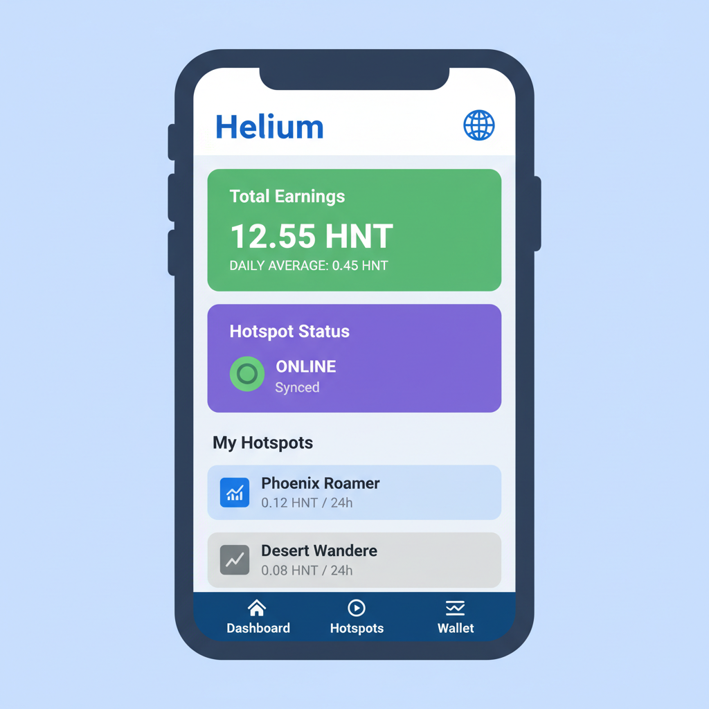 Helium app dashboard on phone showing hotspot stats and earnings