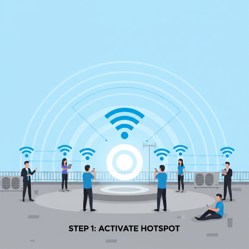 hotspot on rooftop with clear sky, surrounded by signal icons from witnesses