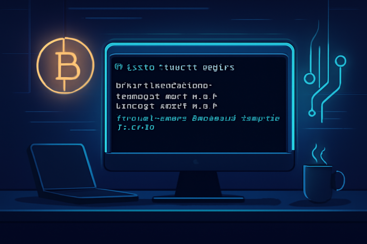 terminal command line installing zkMIPS Cargo crate, neon Bitcoin glow, futuristic dev setup