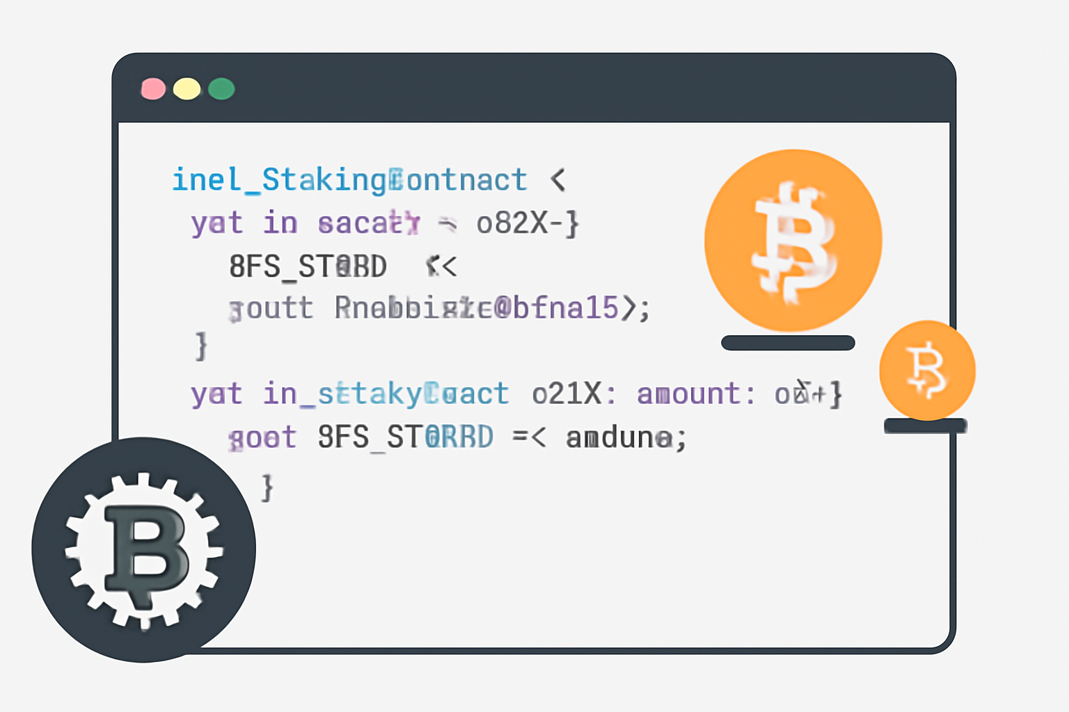 Rust code editor open with BTC staking smart contract, syntax highlighting, Bitcoin rollup icons