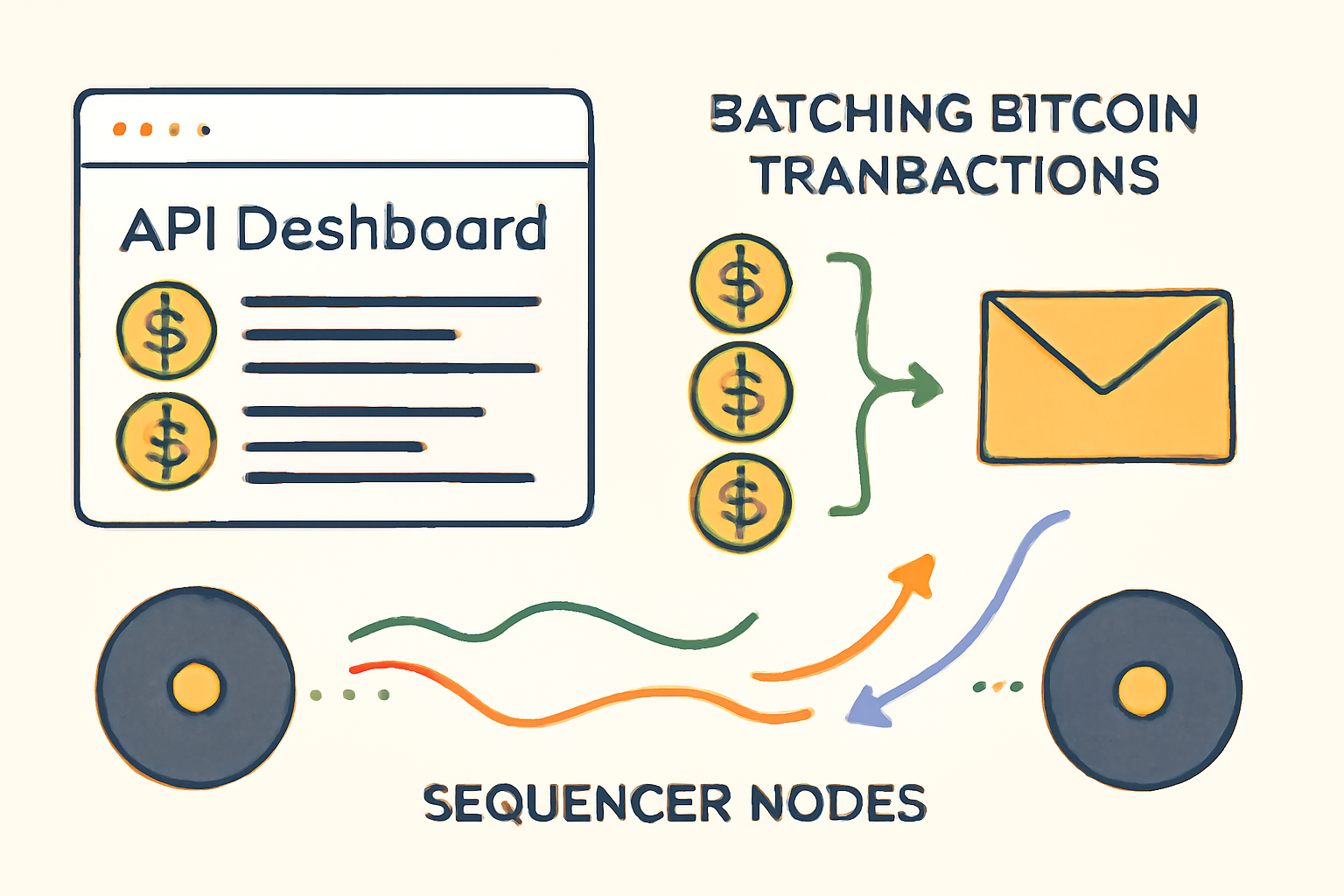 API dashboard batching Bitcoin transactions, sequencer nodes connecting, energetic flow diagram