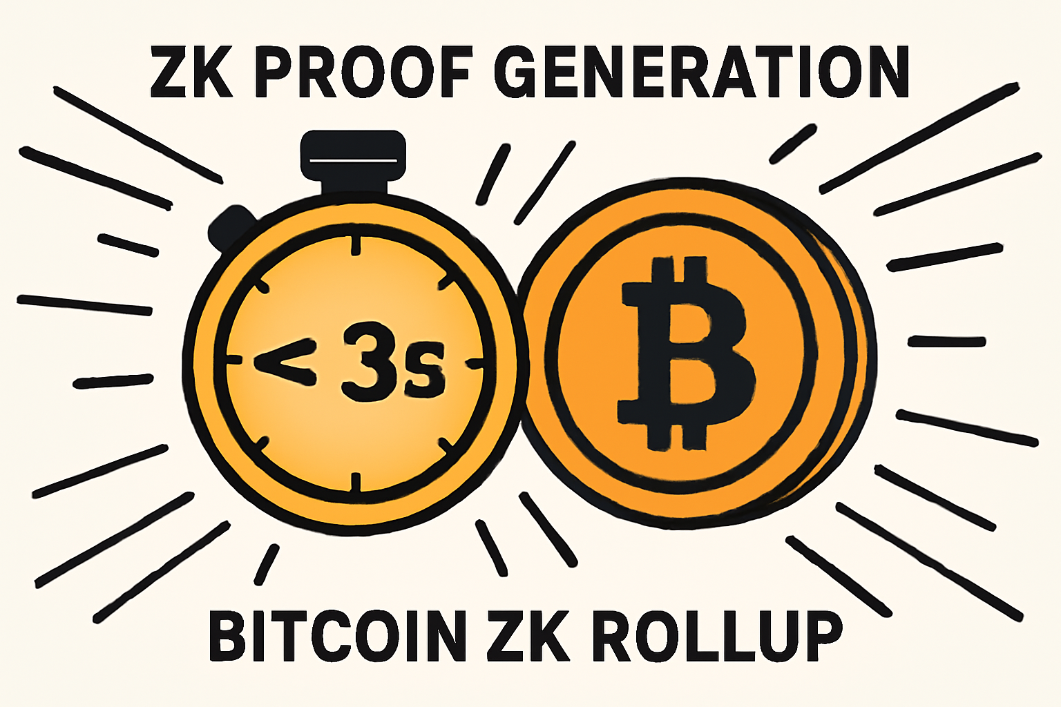 ZK proof generation clock ticking under 3 seconds, Bitcoin ZK rollup visuals, explosive speed lines