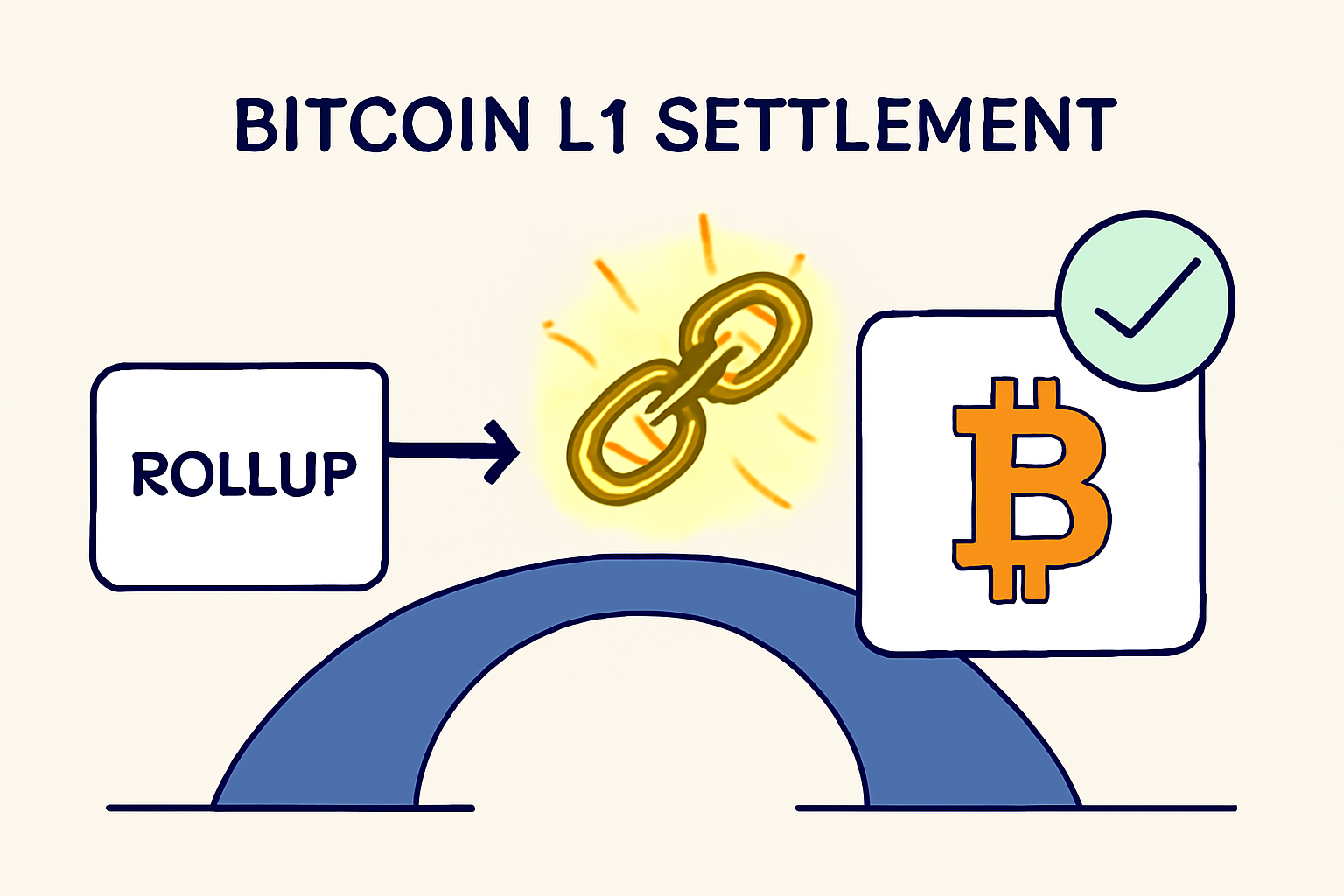Bitcoin L1 settlement bridge from rollup, transaction confirming, glowing BTC chain link