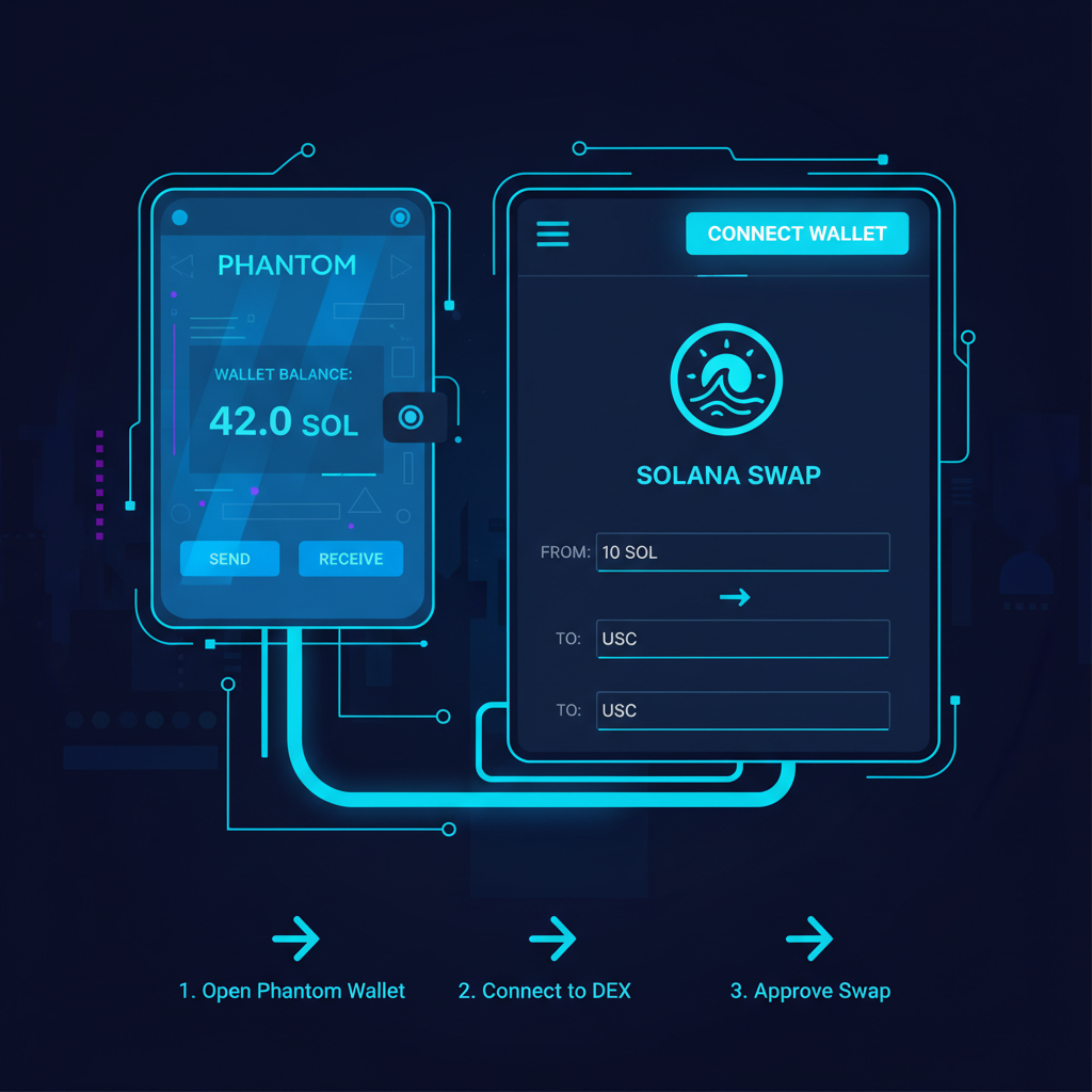 Phantom wallet interface connecting to Solana DEX, neon blue cyberpunk style