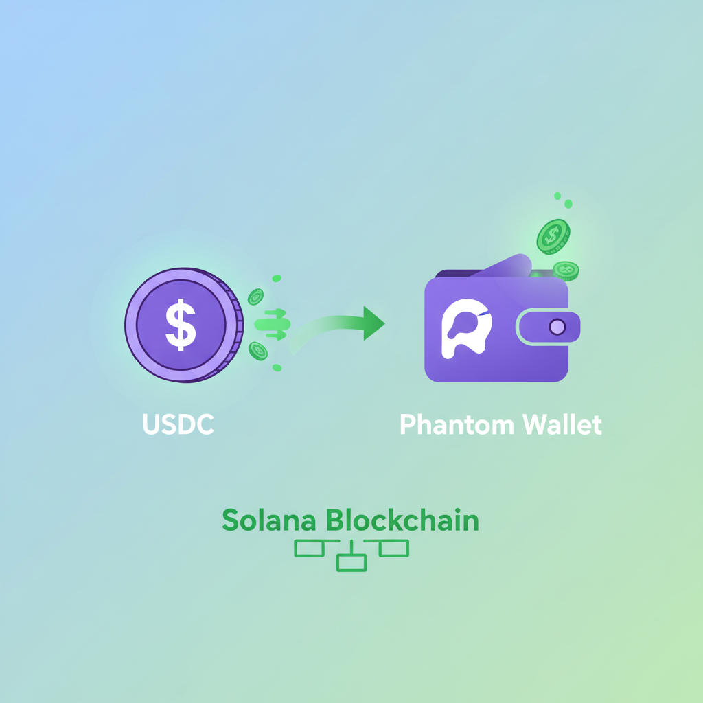USDC transfer to Phantom wallet on Solana blockchain, glowing green tokens