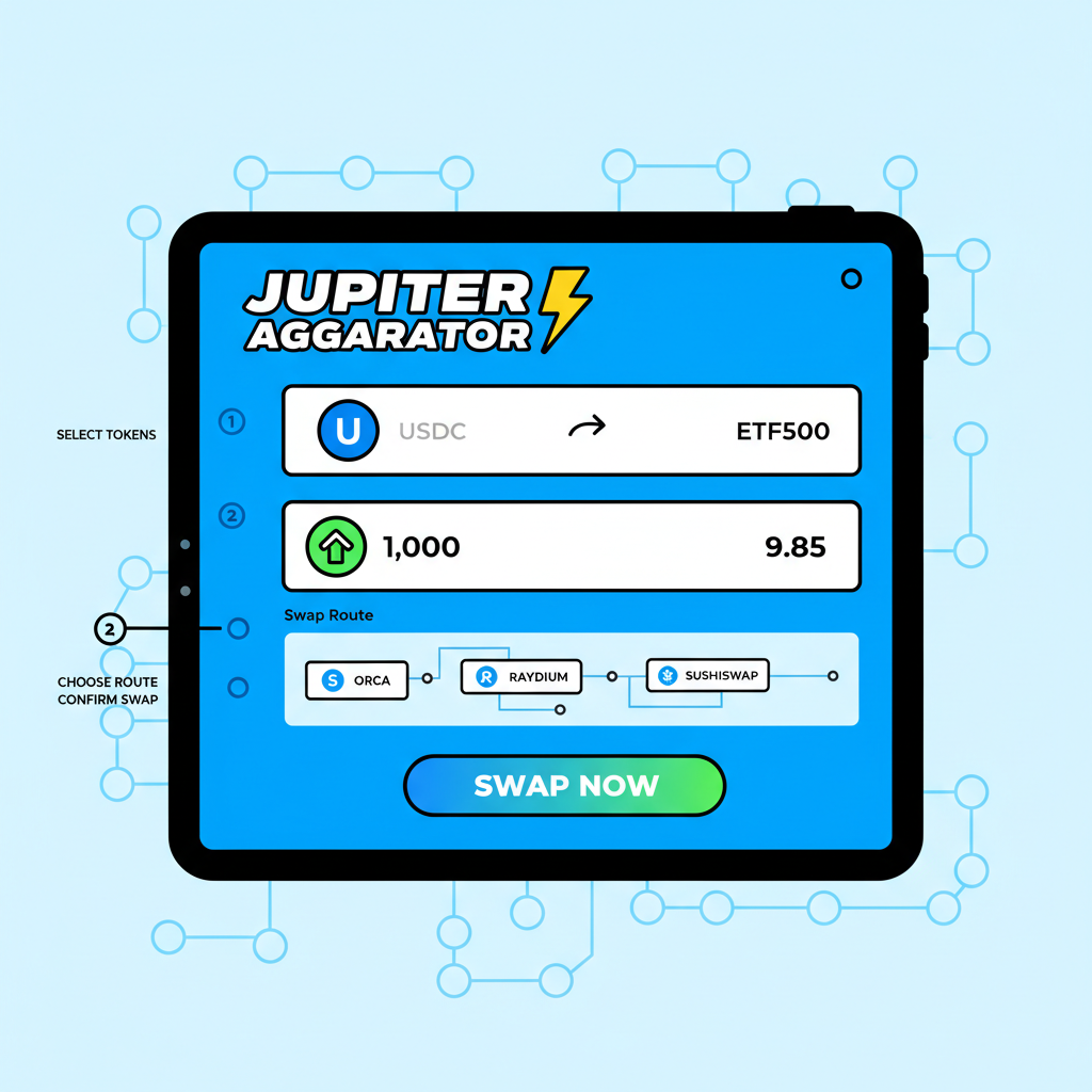 Jupiter aggregator swap interface USDC to ETF500 on Solana, vibrant DEX UI