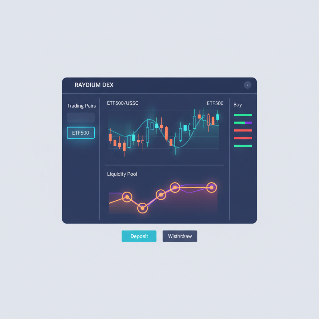 Raydium DEX trading ETF500 pair, charts and liquidity pools glowing