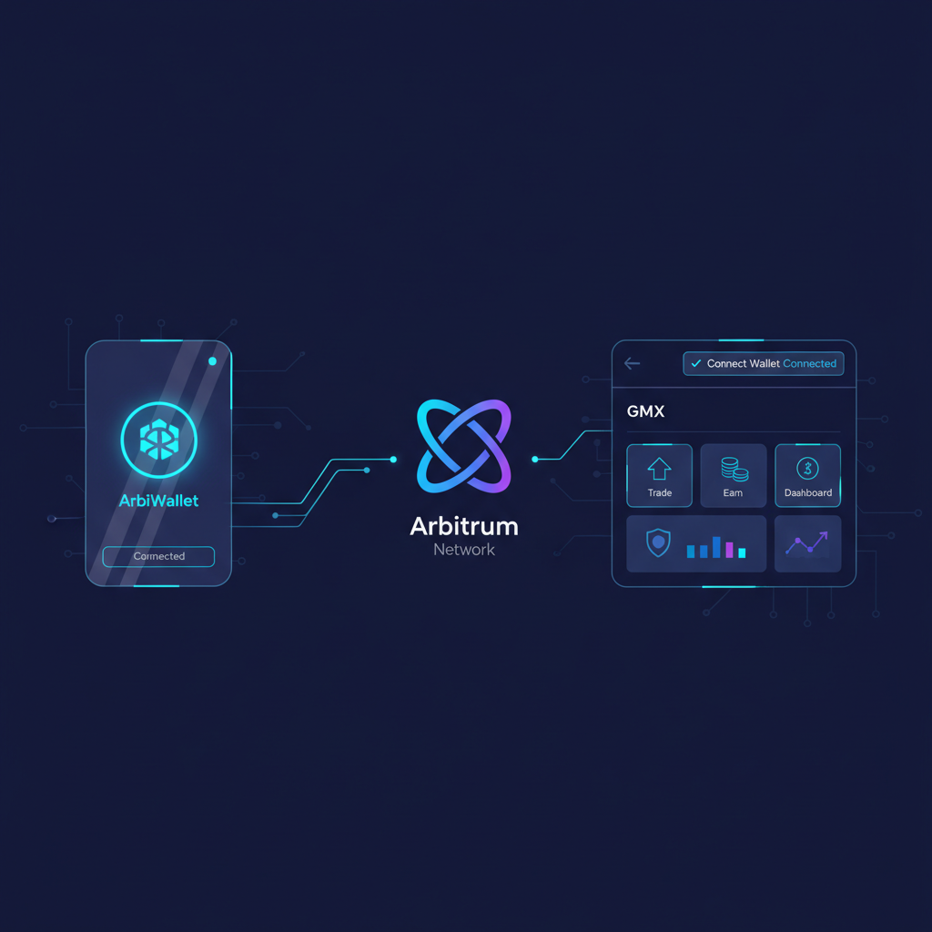 futuristic DeFi wallet connecting to Arbitrum GMX dashboard, neon blue tones, clean UI screenshot style