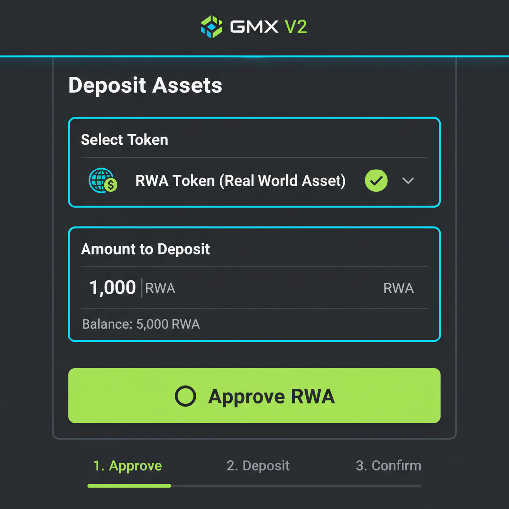 GMX V2 deposit screen with RWA token selected, green approval button, dark mode DeFi interface
