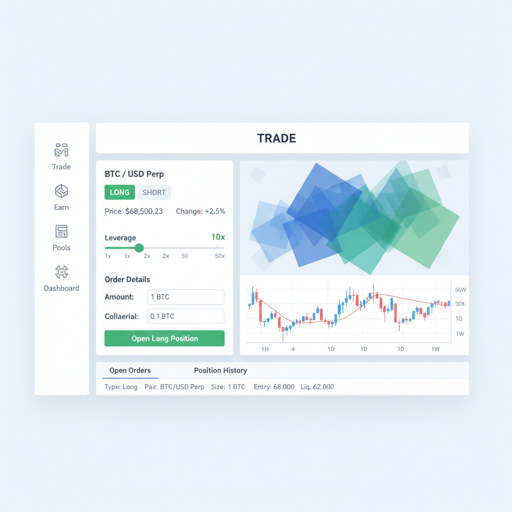 GMX trade interface opening long BTC perp position, charts and leverage sliders visible, dynamic graph background
