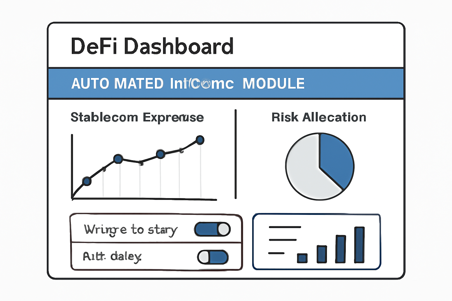 A sleek DeFi dashboard highlighting the 'Automated Hedging Module' section, with charts and toggles for stablecoin risk management.
