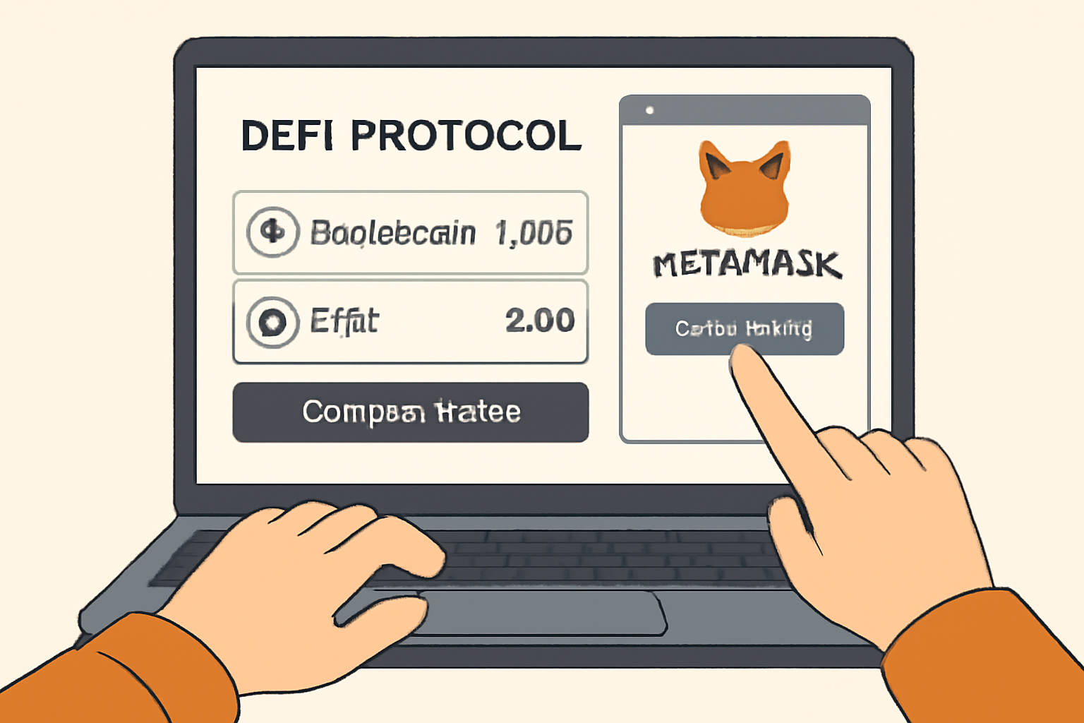 A user connecting their MetaMask wallet to a DeFi protocol dashboard on a laptop, with stablecoin and ETH balances visible.