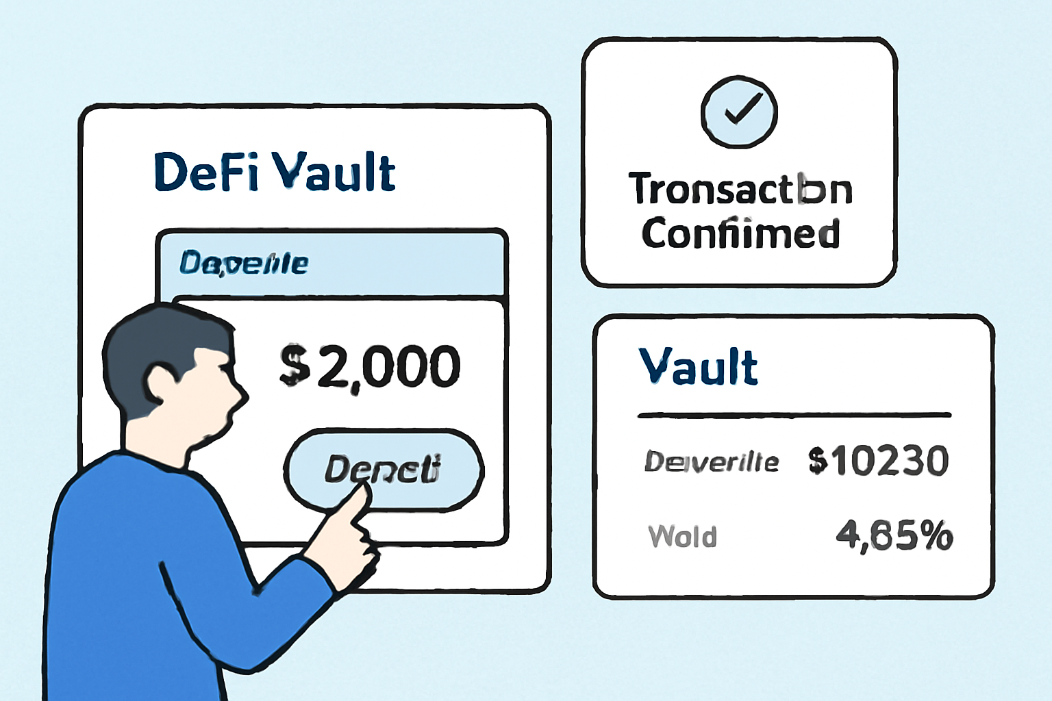 A user confirming a stablecoin deposit into a DeFi vault, with transaction confirmation pop-up and vault stats updating in real time.