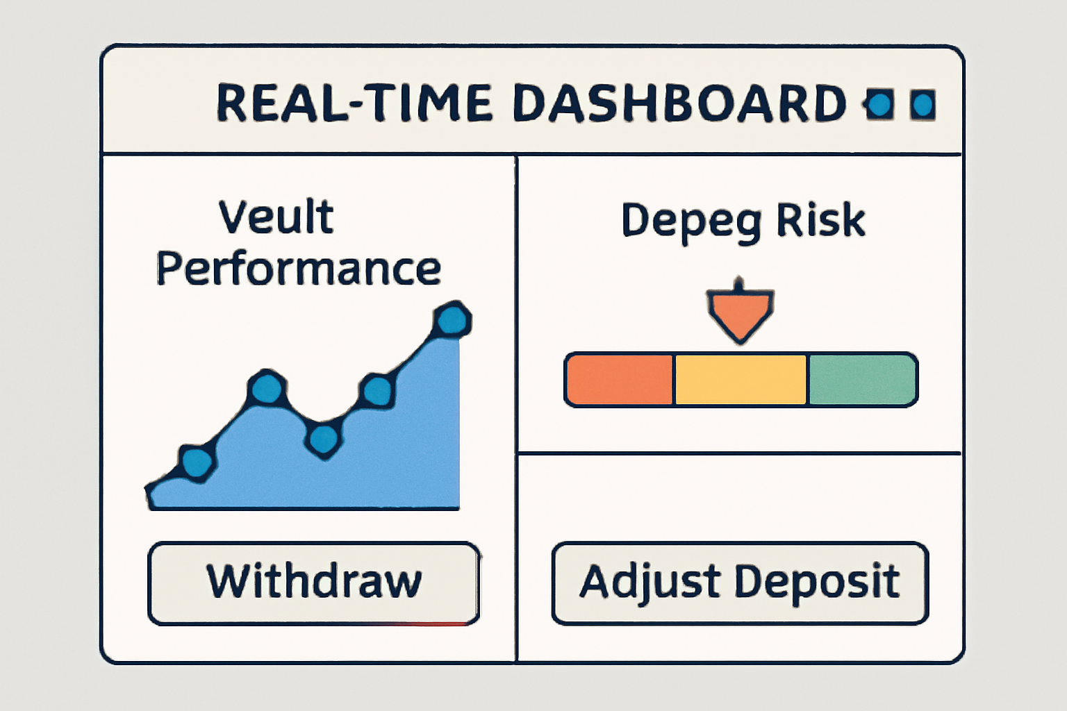 A real-time dashboard showing vault performance, depeg risk indicators, and options to withdraw or adjust deposits.