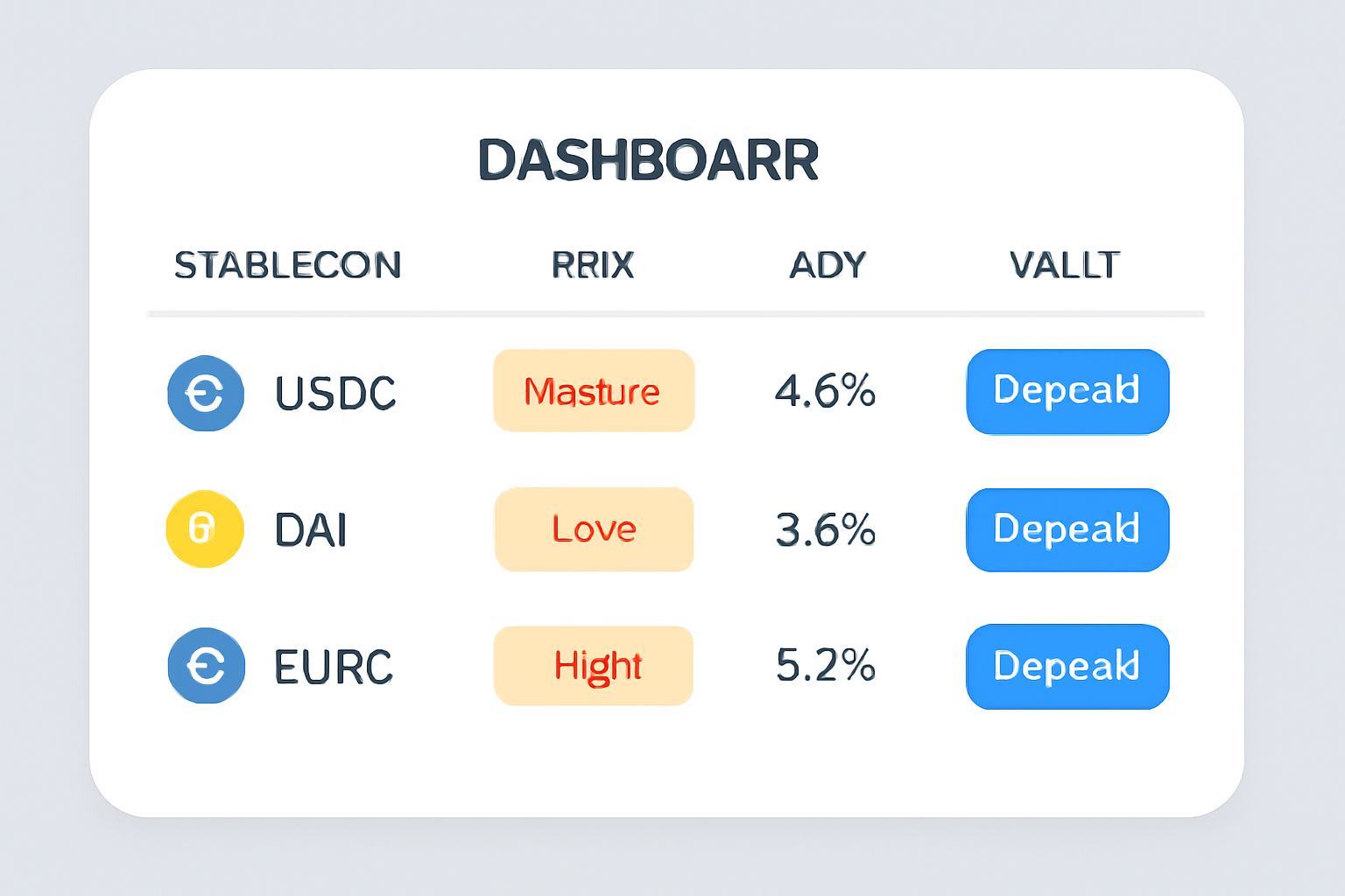 A dashboard displaying a list of stablecoins (USDC, DAI, EURC) with risk metrics, APY, and vault options.