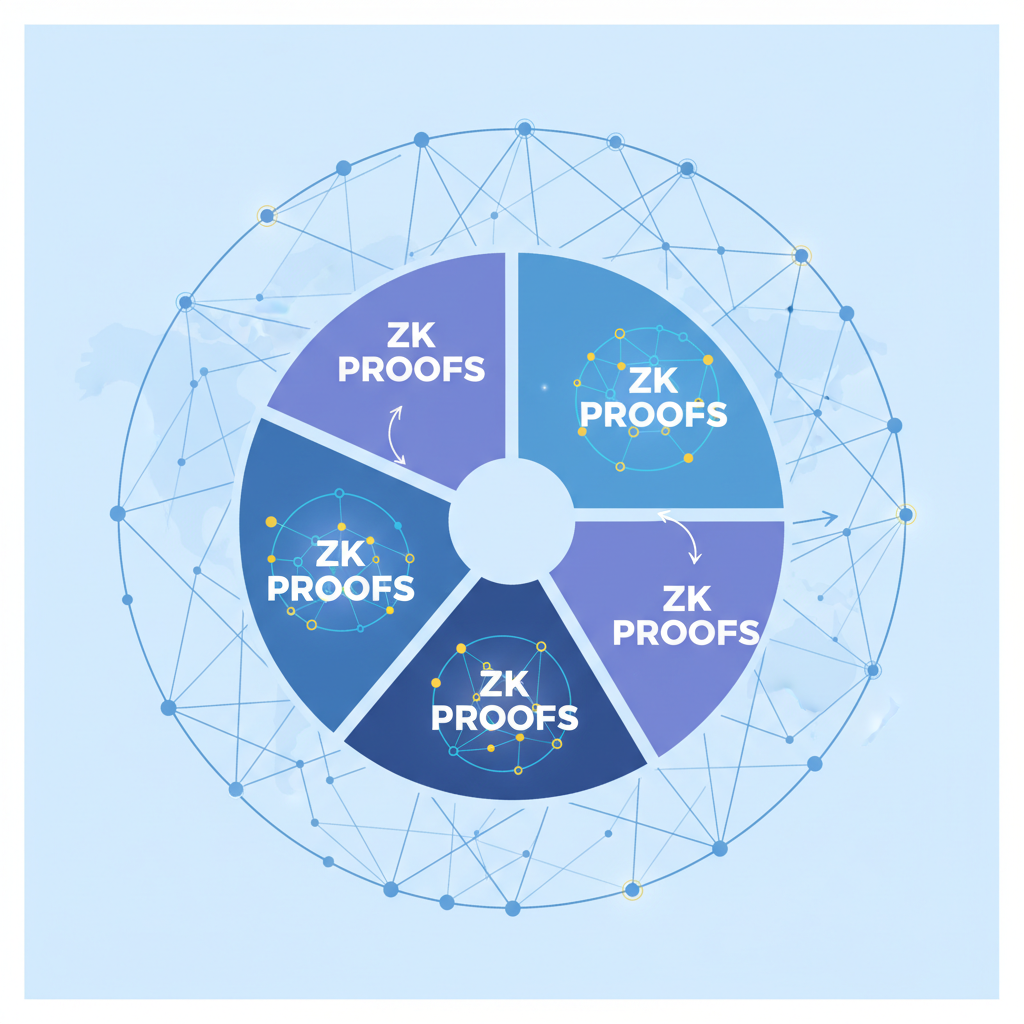 AI model sliced into segments like pie chart, zk proofs glowing, decentralized network background